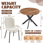 37 Inch Round Dining Table Set for 2, Modern Small Circle Kitchen Coffee Set for Apartment Living Room Office, Save Space(1 Wooden Table + 2 White Boucle Chairs)