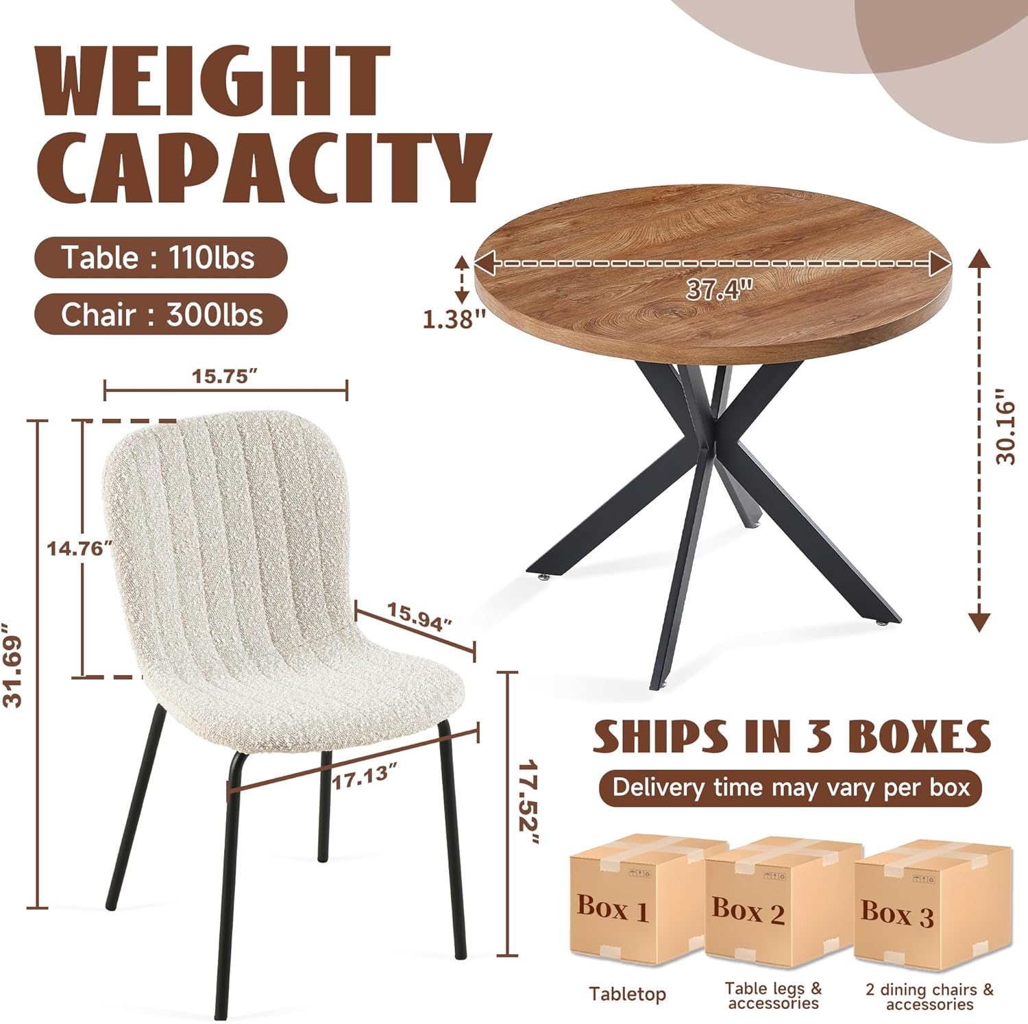 37 Inch Round Dining Table Set for 2, Modern Small Circle Kitchen Coffee Set for Apartment Living Room Office, Save Space(1 Wooden Table + 2 White Boucle Chairs)