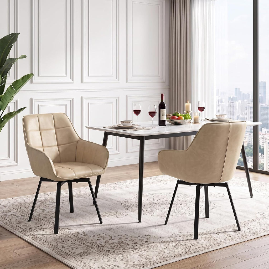 TUKAILAi Swivel Dining Chairs Set of 2, Faux Leather Dining Chairs with Arms & Metal Legs, Upholstered Mid Century Rotatable Kitchen Chairs for Living Room Bedroom Kitchen Restaurant (Cream)