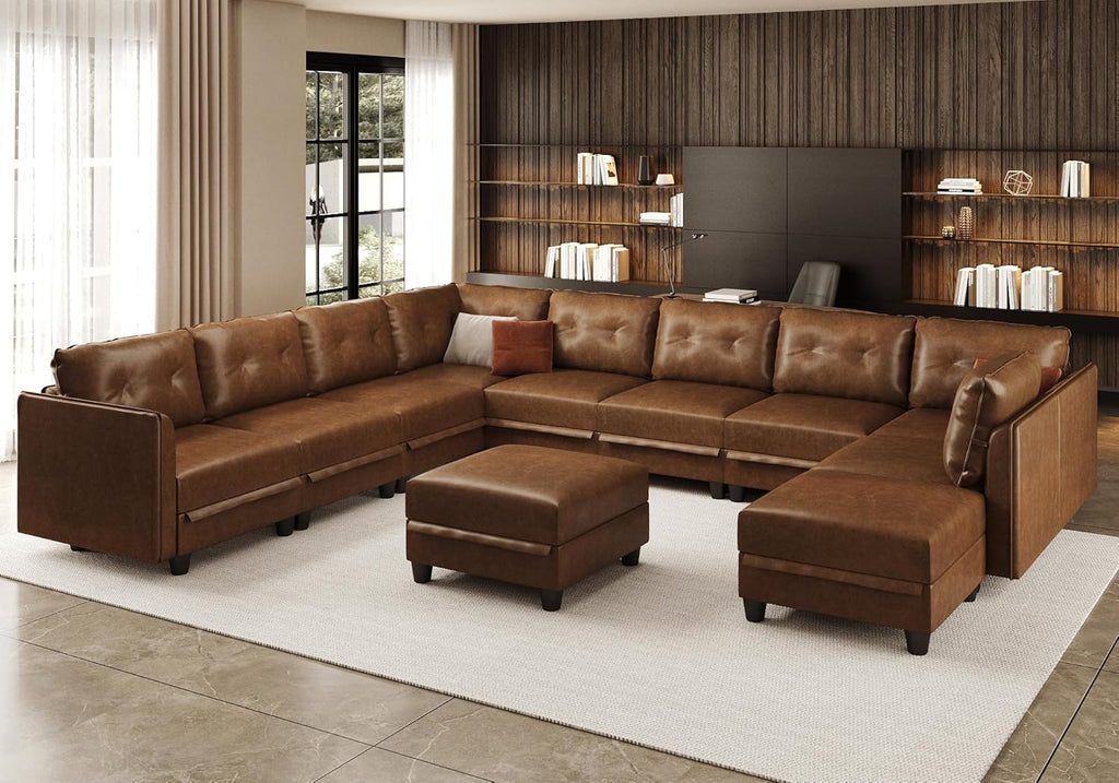 LLappuil 11-Piece Modular Sectional Sofa with Storage, Convertible Faux Leather Couch with Ottoman, Waterproof Skin-Friendly U/V Shaped Corner Oversized Sofas for Living Room, Brown