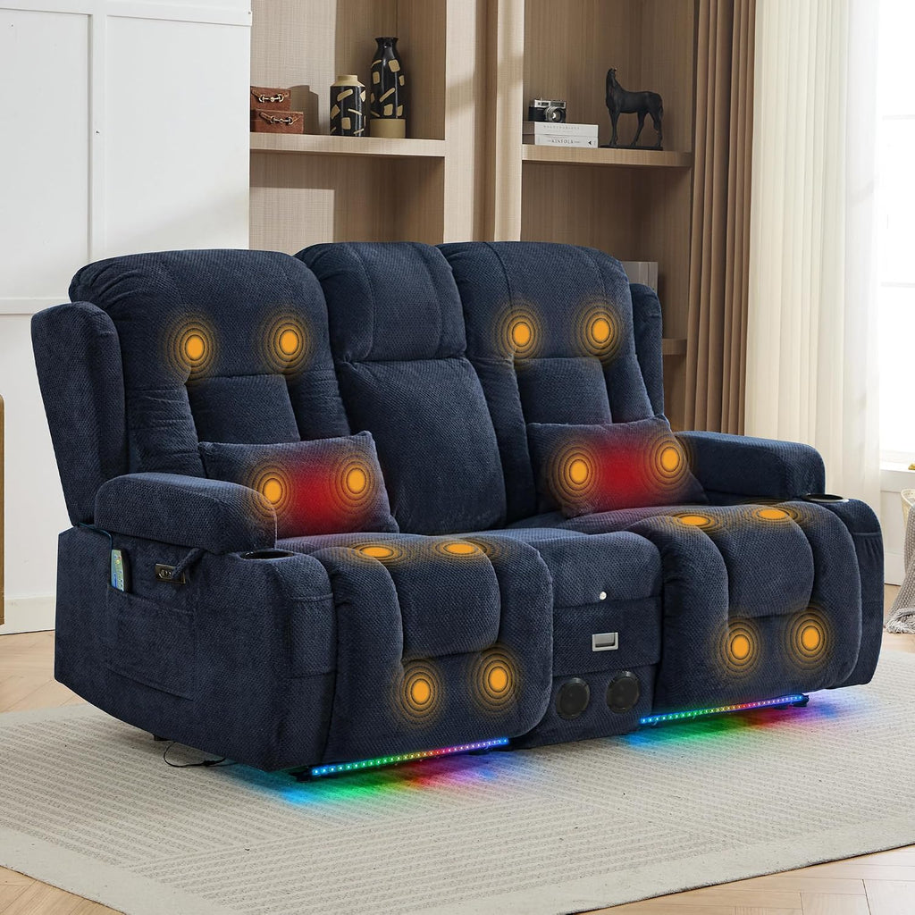 TUNYI Wall Hugger Power Loveseat Recliner - RV Reclining Loveseat with Console Theater Seating RV Recliner Sofa with USB/Outlet//Cup Holder/LED Light/Side Pocket (Dark Blue, Loveseat)