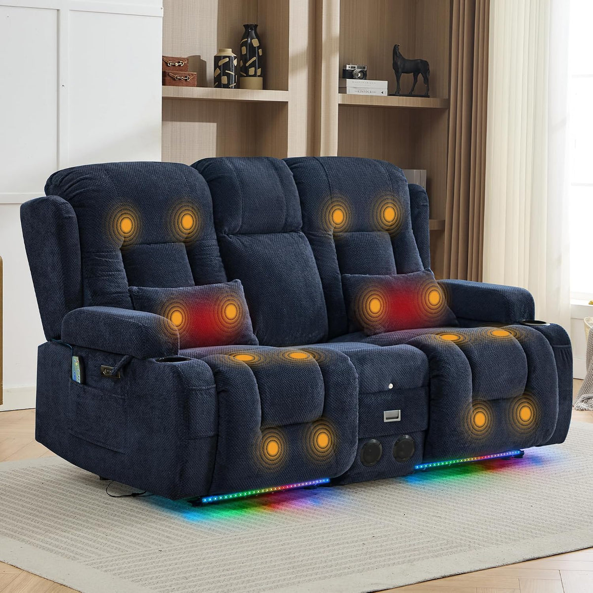 TUNYI Wall Hugger Power Loveseat Recliner - RV Reclining Loveseat with Console Theater Seating RV Recliner Sofa with USB/Outlet//Cup Holder/LED Light/Side Pocket (Dark Blue, Loveseat)