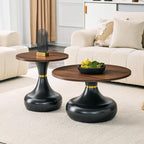 2-Piece Nesting Coffee Table Set, Walnut MDF Tops, Black Metal Bases