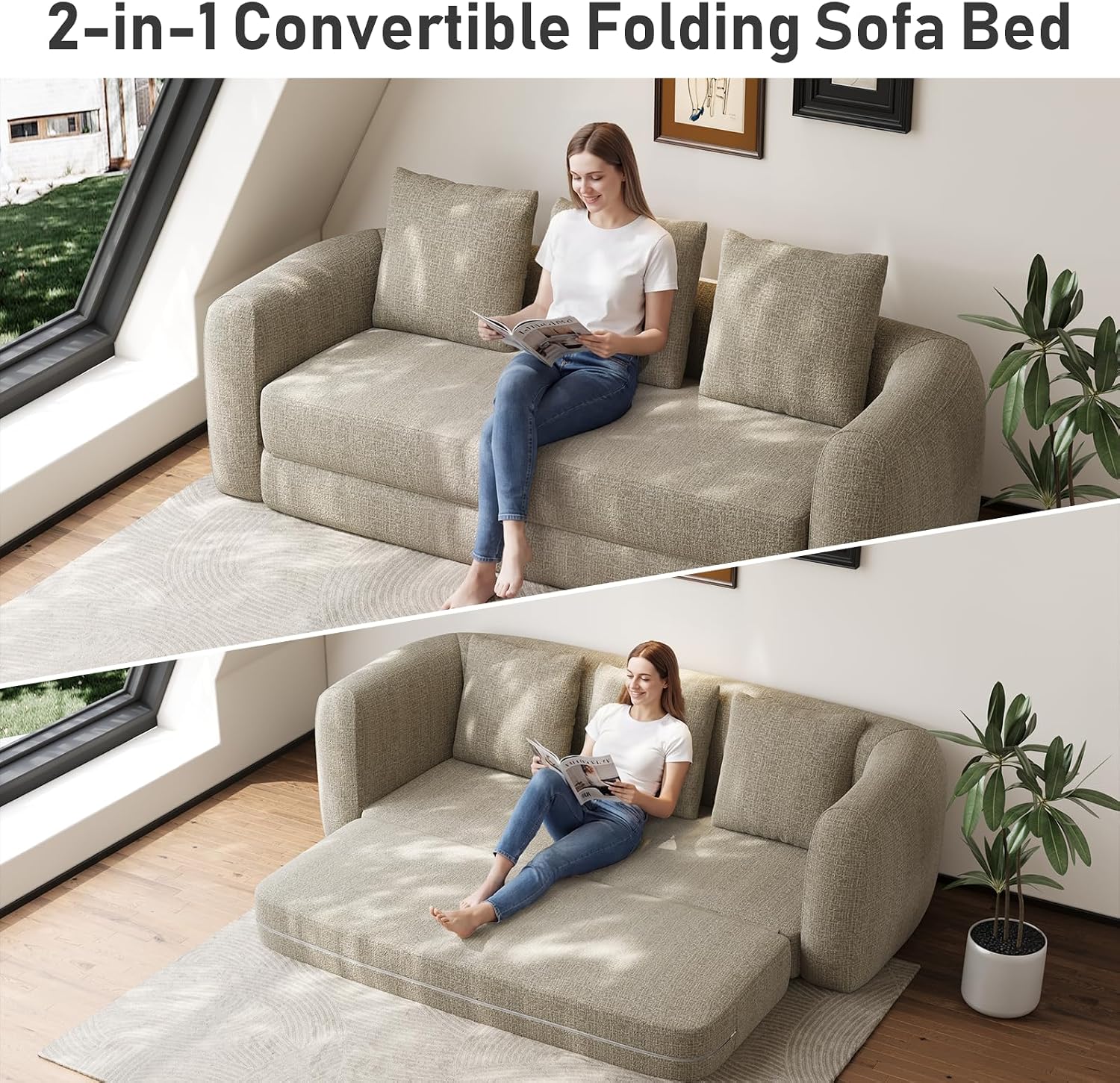 Curved Convertible Futon Sofa Bed,Modern Sleeper Couch,Curved Modern 3 Seater Cloud Couch