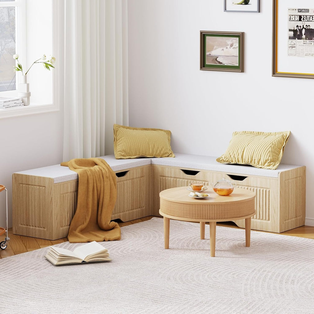 L Shaped Corner Storage Bench with Cushion, Kitchen Breakfast Nook Bench with Lift Top Hidden Storage, Wood Flip-Top Shoe Benches for Entryway Dining Room, Kitchen, Bedroom (Oak)