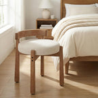 HNY Modern Linen Ottoman- Low-Back Makeup Seat & Lounge Footrest with Solid Wood Frame, Casual Style for Bedroom Dressing Area, Beige