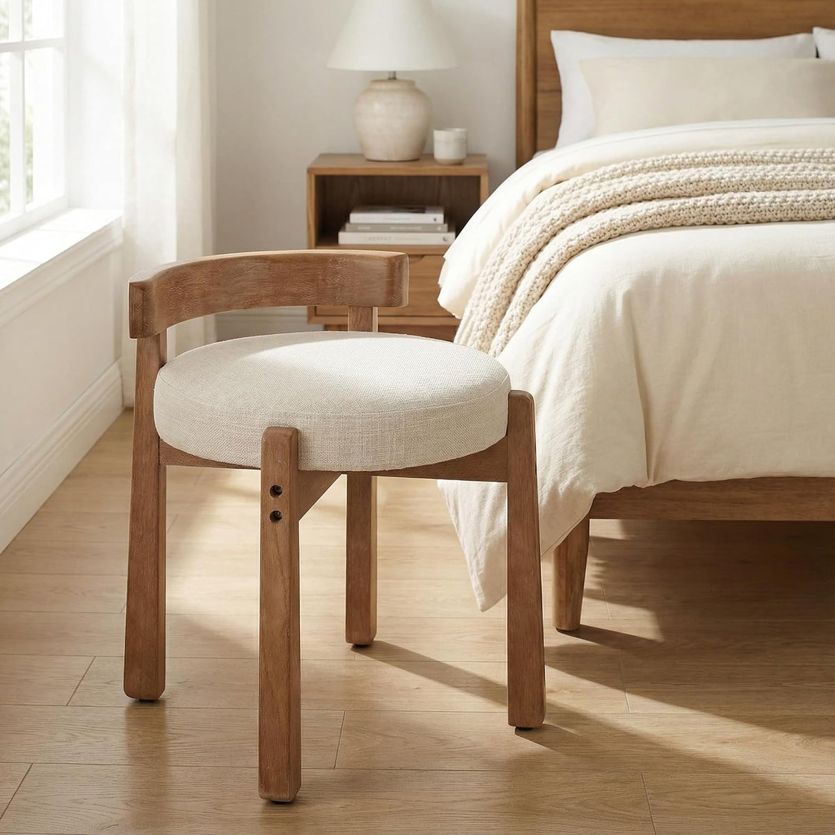 HNY Modern Linen Ottoman- Low-Back Makeup Seat & Lounge Footrest with Solid Wood Frame, Casual Style for Bedroom Dressing Area, Beige