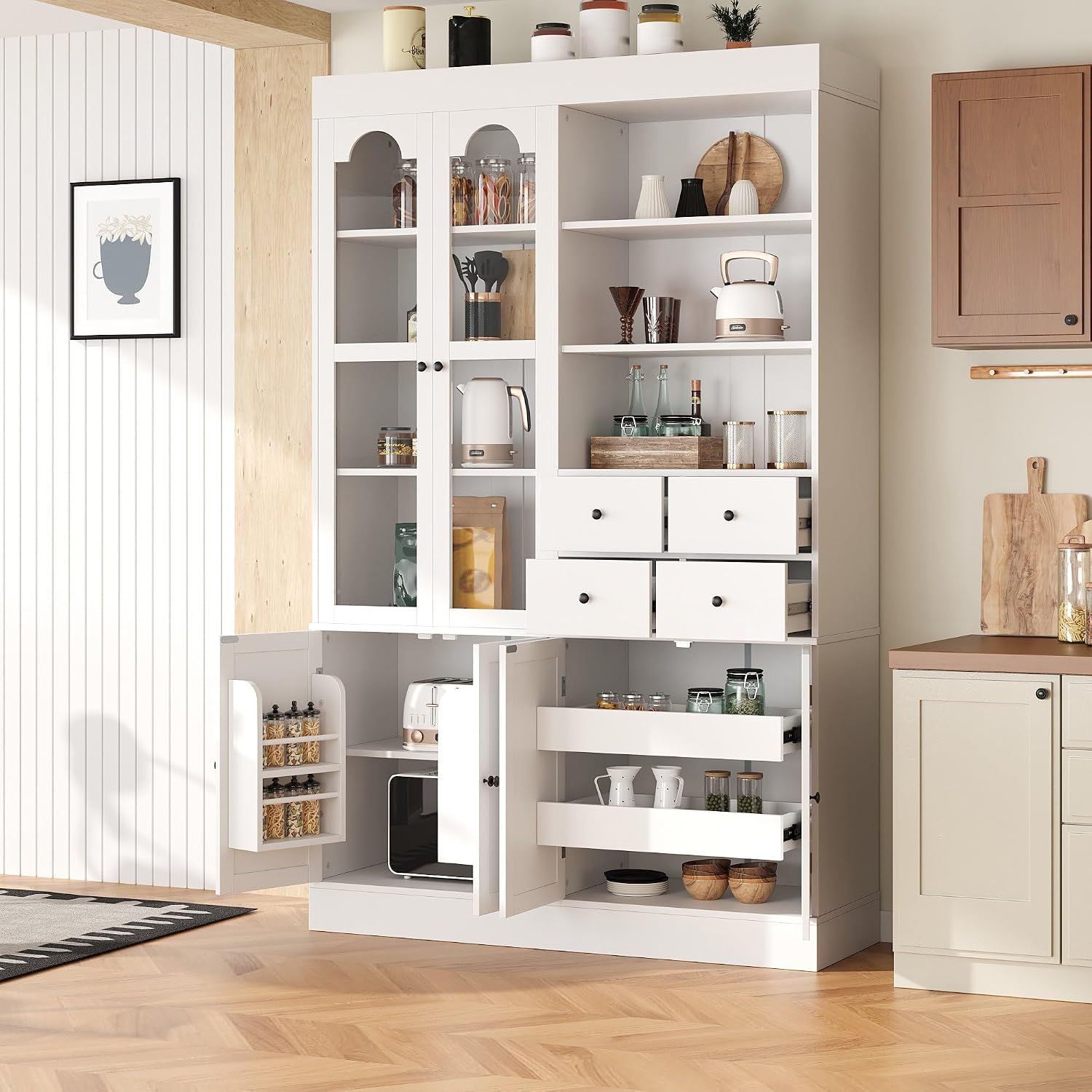 75 Inch Tall Freestanding Buffet with Hutch, Farmhouse Kitchen Pantry Cabinet, Dining Room Storage Cupboard with 4 Drawers, Door Shelves and Pull-Out Trays for Living Room,White