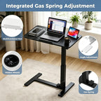 Adjustable Overbed Table with Gas Spring Tilting Desktop, Pneumatic Height Adjustment, H-Base Frame and Hidden Swivel Casters(Dual-sideflip-Black)