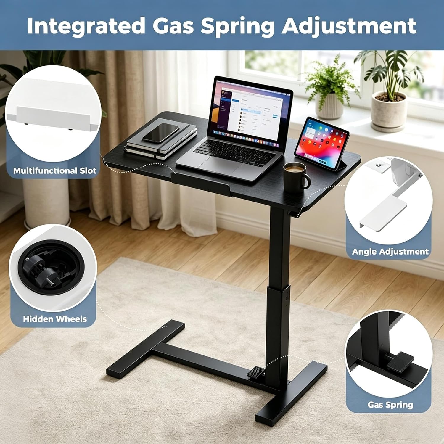 Adjustable Overbed Table with Gas Spring Tilting Desktop, Pneumatic Height Adjustment, H-Base Frame and Hidden Swivel Casters(Dual-sideflip-Black)