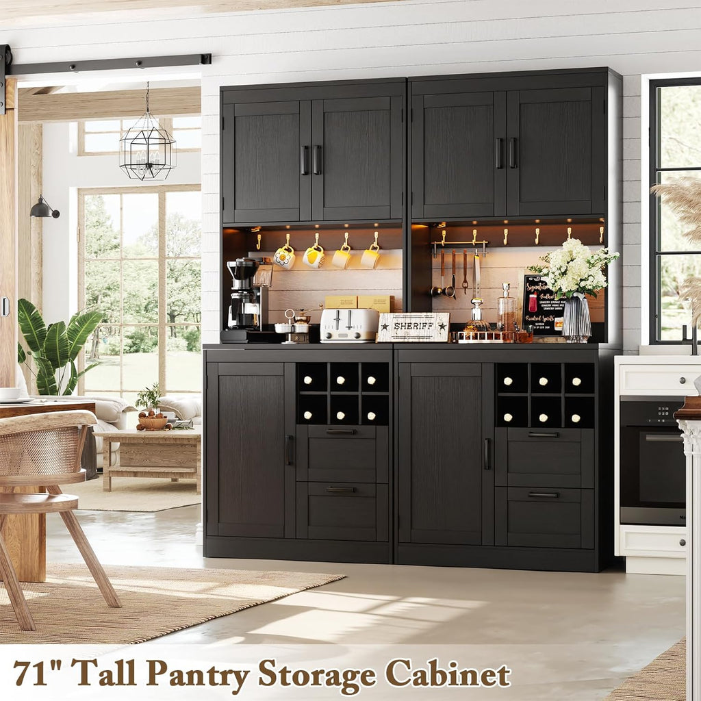 Unikito 72" Tall Kitchen Pantry Cabinet with LED Light & Outlet, Black | Coffee Bar Hutch Unit with Microwave Stand, Wine Rack, Drawers, Storage Shelves Freestanding Cupboard for Dining Room