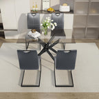 51.18" W Glass Dining Table Set for 4, Modern Rectangular Glass Kitchen Table with Black Metal Legs, 4 PU Leather Chairs with Black Legs, for Dining Room, Home -Dark Grey