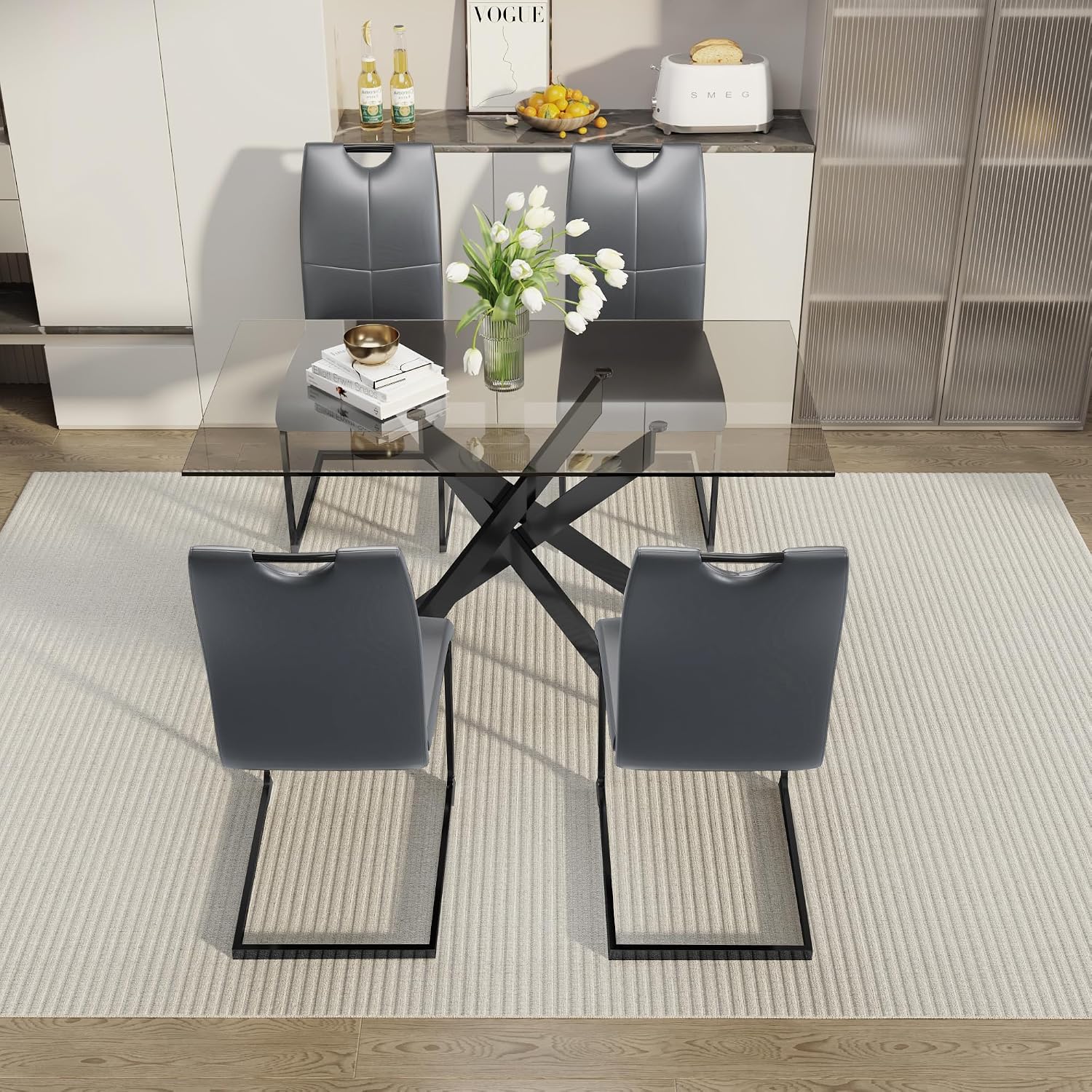 51.18" W Glass Dining Table Set for 4, Modern Rectangular Glass Kitchen Table with Black Metal Legs, 4 PU Leather Chairs with Black Legs, for Dining Room, Home -Dark Grey