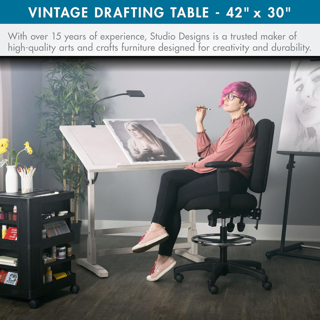 Studio Designs Wood Drawing/Drafting Table with Pencil Ledge - 42" W x 30" D - Whitewash - Tilting Top Adjustable Desk