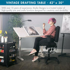 Studio Designs Wood Drawing/Drafting Table with Pencil Ledge - 42" W x 30" D - Whitewash - Tilting Top Adjustable Desk