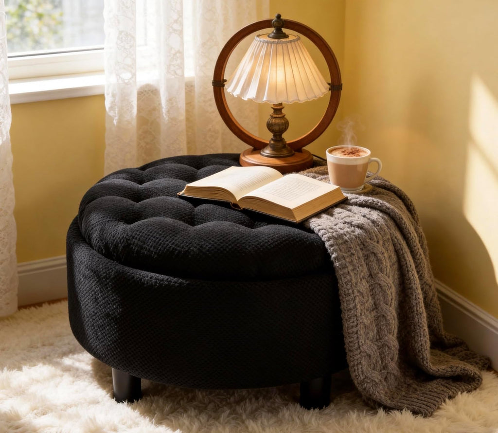 25'' Round Storage Ottoman with Reversible Tray Lid, Tufted Footrest Stool with Hidden Storage, Couch Side Table for Low Tea (Black)