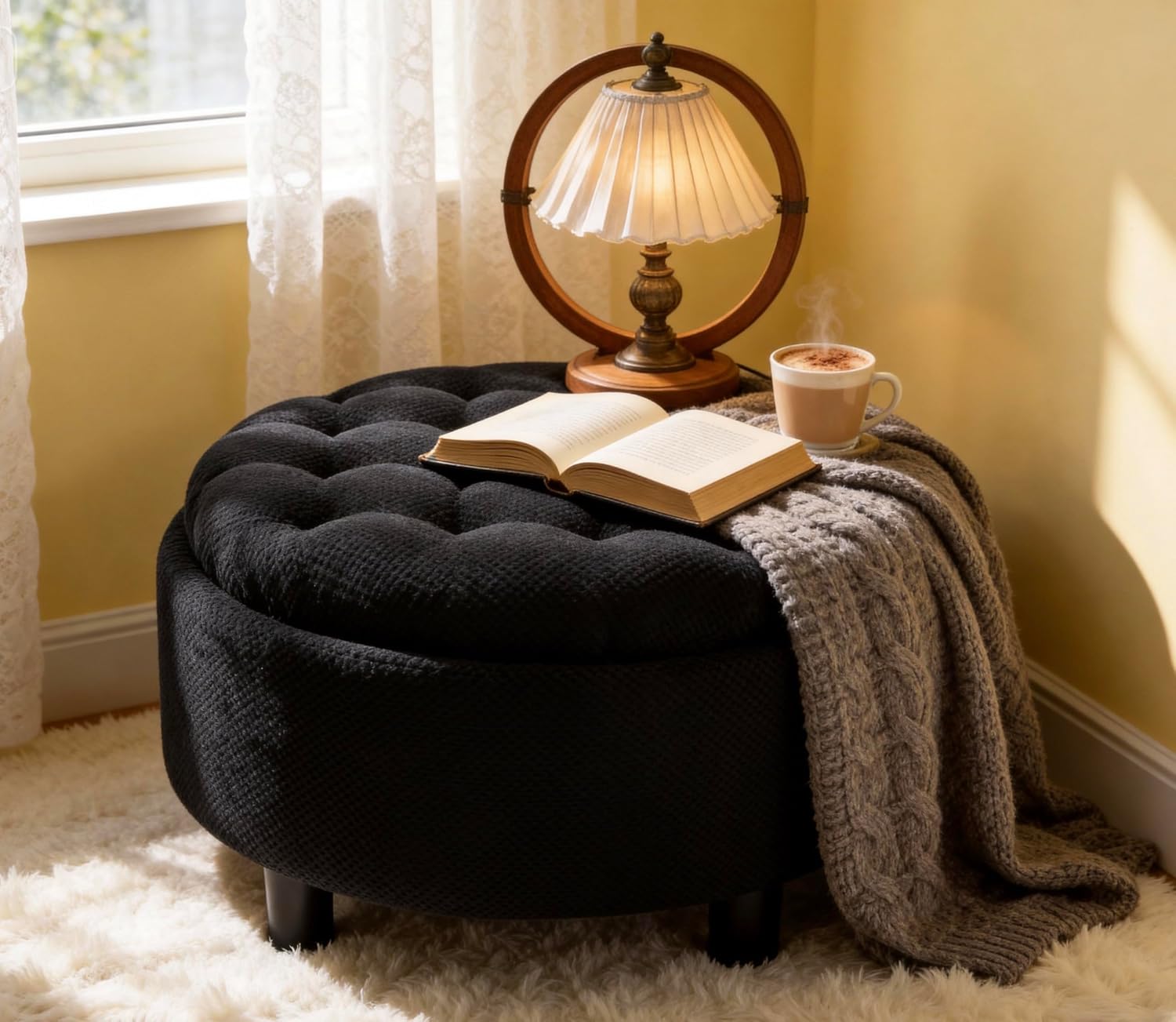 25'' Round Storage Ottoman with Reversible Tray Lid, Tufted Footrest Stool with Hidden Storage, Couch Side Table for Low Tea (Black)