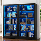 LVSOMT Bookcase with Glass Doors and LED Light, Home Office Bookshelf Black
