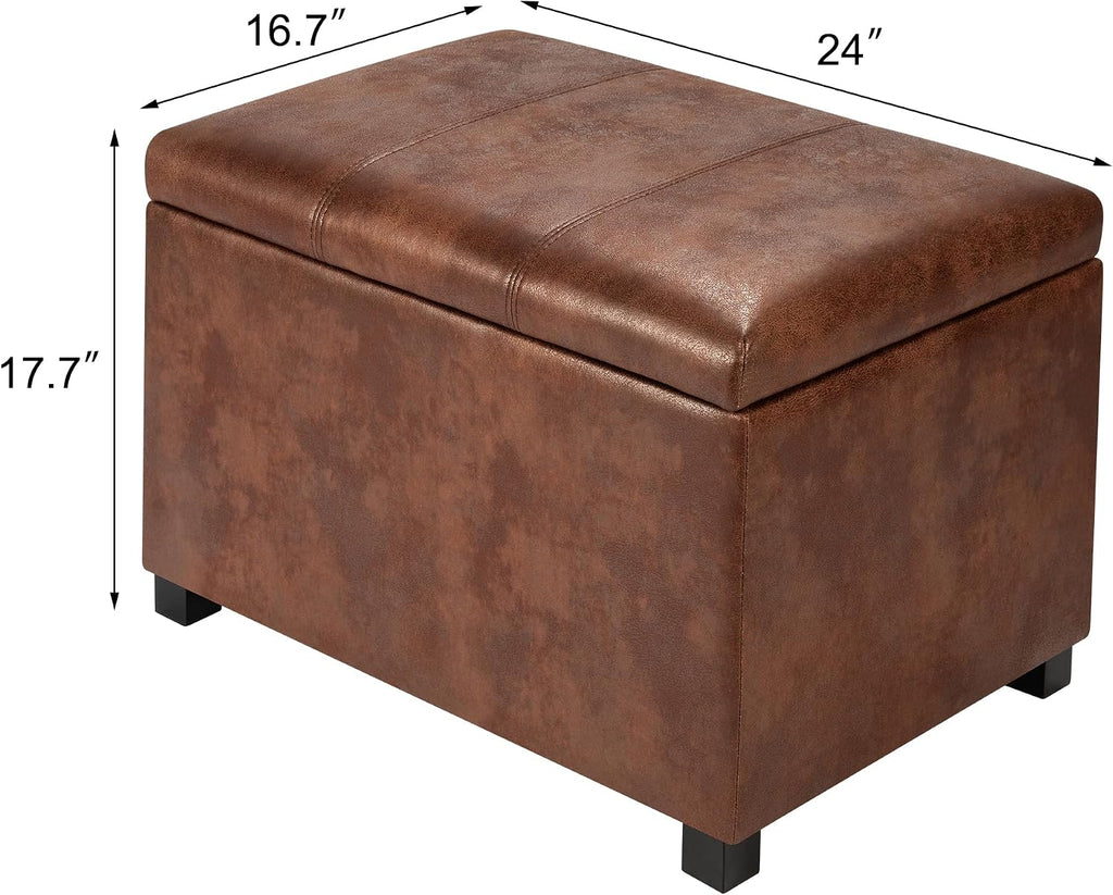 Asense 24-Inch Storage Ottoman Bench,Foot Stool Ottoman with Storage, Faux Leather Upholstered Foot Rest Seat with Safety Hinge,Wood Legs Stool for Living Room, Bedroom,Entryway,Coffee Brown