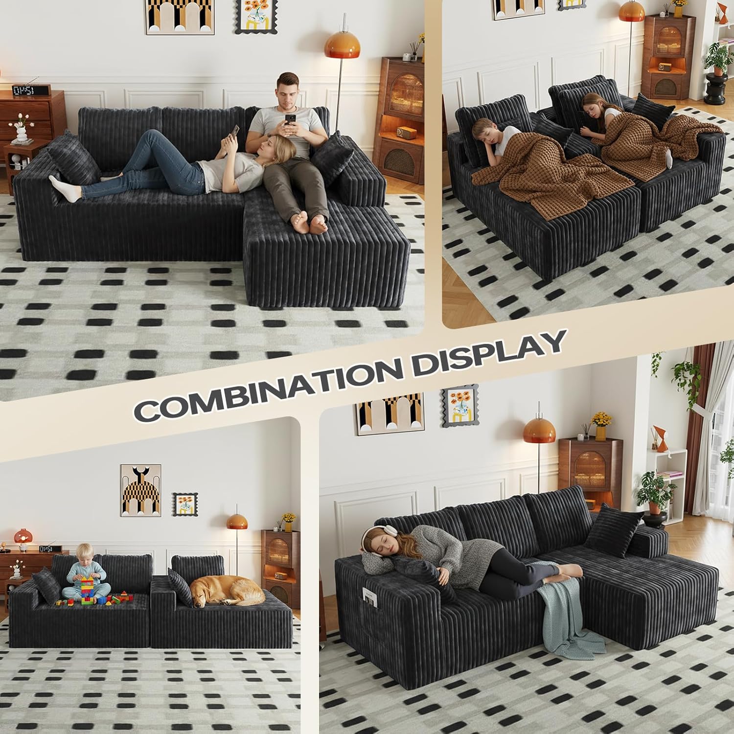 108" Modular Sectional Cloud Couch for Living Room Deep Seat L Shapes Couch with Oversized Chaise Lounge, Comfy Memory Foam Flannel Fabric Sofa for Bedroom Apartment, No Assembly Required
