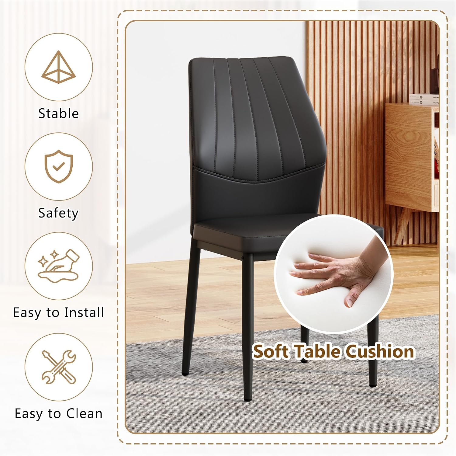Modern Dining Chairs Set of 4，Black Dining Room Chairs Set, Comfy Kitchen Faux Leather Upholstered Chairs with Mental Legs， Easy Assembly