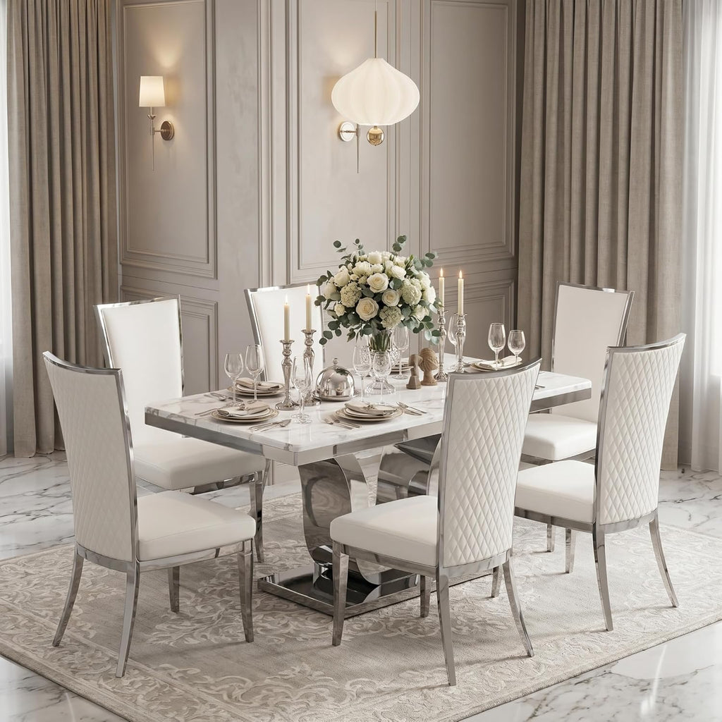 AUZ White and Silver Dining Chairs, Modern Velvet Upholstered Dining Room Chairs with High Back and Mirrored Metal Legs for Restaurant Kitchen, Set of 2