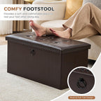 oakvivo 30 Inches Folding Storage Ottoman Bench, Ottoman PU Leather Tuffed End of Bed Bench, Foot Rest with Rivet Design, Ottoman with Storage for Living Room, Bedroom, Entryway, Coffee Brown