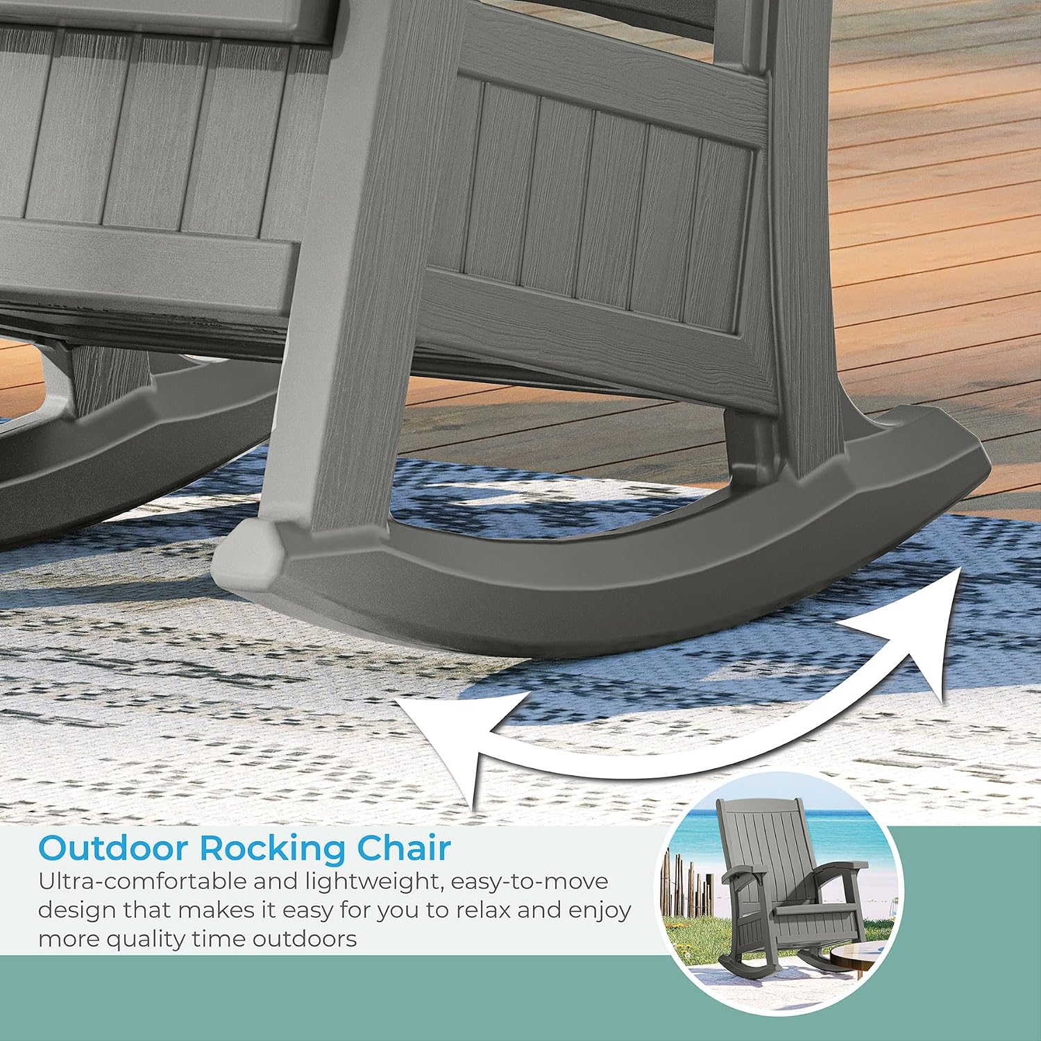 Suncast Outdoor Patio Rocking Chair with Under-Seat Storage, Stylish Faux Wood Outdoor Rocker for Patios, Dove Gray, Made in the USA