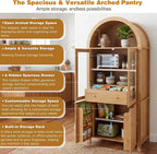 71" Fluted Tall Arched Pantry Cabinet with Glass Doors,Hutch Cabinet with Storage for Kitchen, Living Room, Dining Room, Wood Color