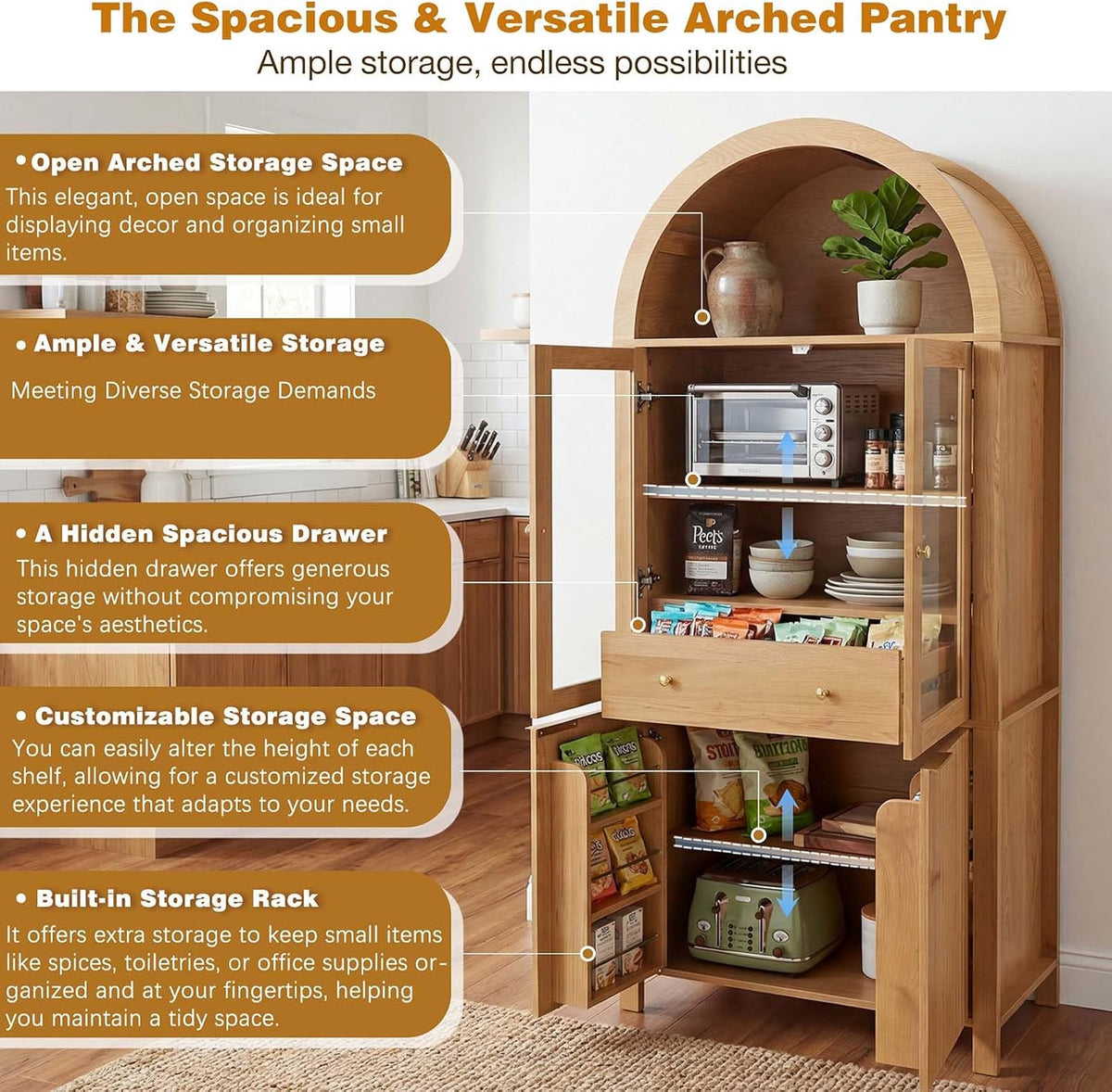 71" Fluted Tall Arched Pantry Cabinet with Glass Doors,Hutch Cabinet with Storage for Kitchen, Living Room, Dining Room, Wood Color