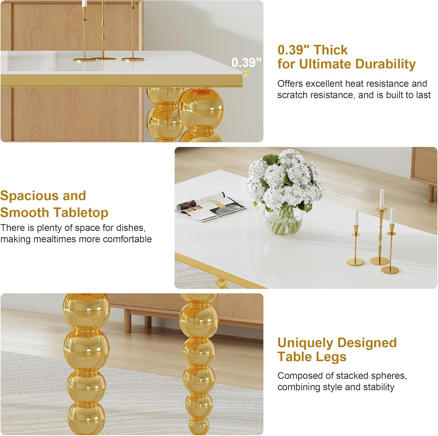70" Rectangular Glass Dining Table for 6-8, White Tempered Glass Top with Gold Mirrored Stainless Steel Sphere Legs, Modern Luxury Dining Table for Kitchen and Dining Room