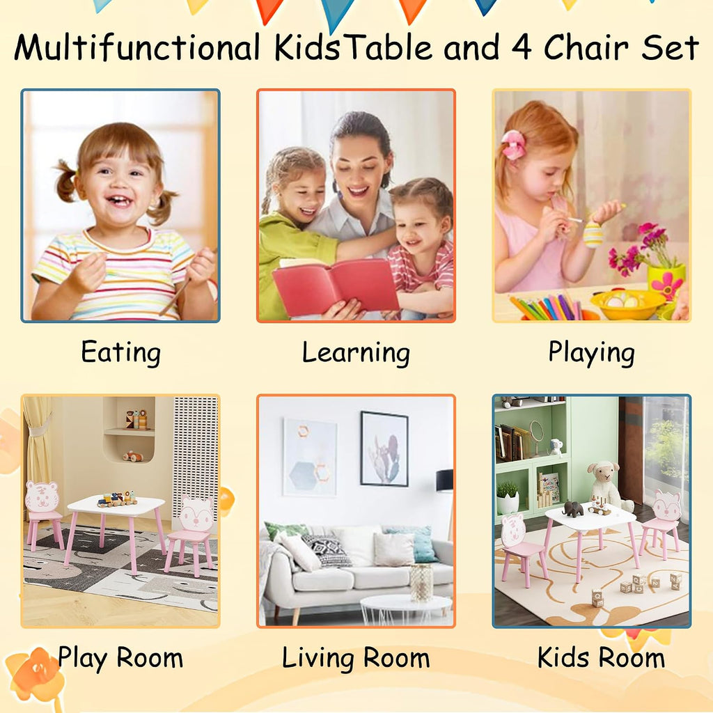 Kids Table and Chair Set 3-Piece Wooden Toddler Desk with Animal Backrest Pink and White Activity Table for Drawing Learning Playroom or Nursery