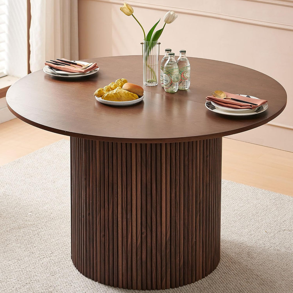 47" Round Dining Table for 4, Modern Farmhouse Kitchen Table, Walnut Wood Veneer Tabletop with Wood Strip Base, Kitchen & Dining Room Table