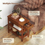 Giantex Narrow End Table Set of 2, Farmhouse Side Tables with Drawer & Storage Shelves, Wood Sofa Side Tables, 3-Tier Nightstands for Small Space, Living Room, Bedroom, 23.5"L x 12"W x 24.5"H, Brown