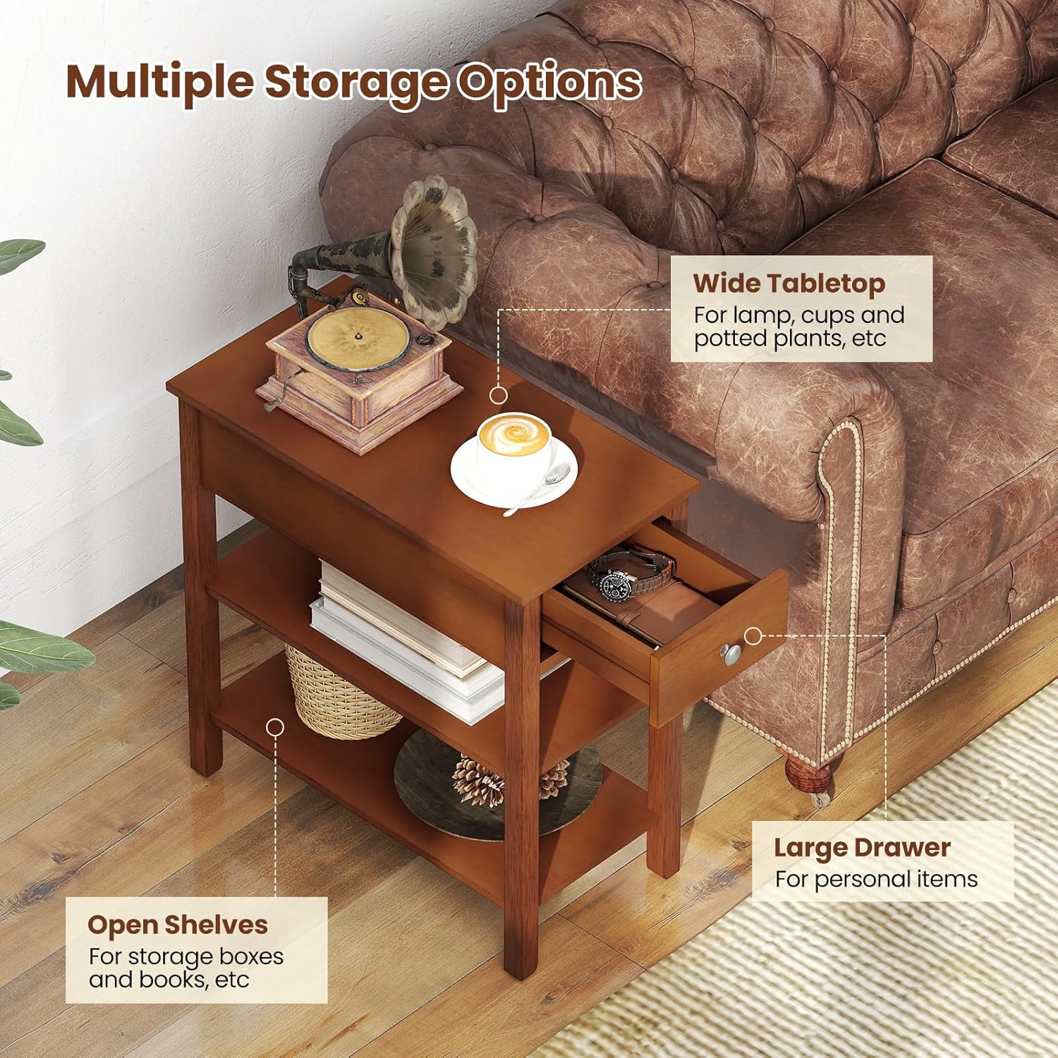 Giantex Narrow End Table Set of 2, Farmhouse Side Tables with Drawer & Storage Shelves, Wood Sofa Side Tables, 3-Tier Nightstands for Small Space, Living Room, Bedroom, 23.5"L x 12"W x 24.5"H, Brown