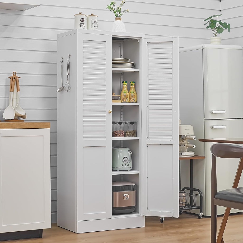 Metal Pantry Cabinet, Freestanding Kitchen Storage Cabinet with Doors and 4 Adjustable Shelves, Narrow Tall Food Pantry for Dining Room, Laundry Room,61-Inch White