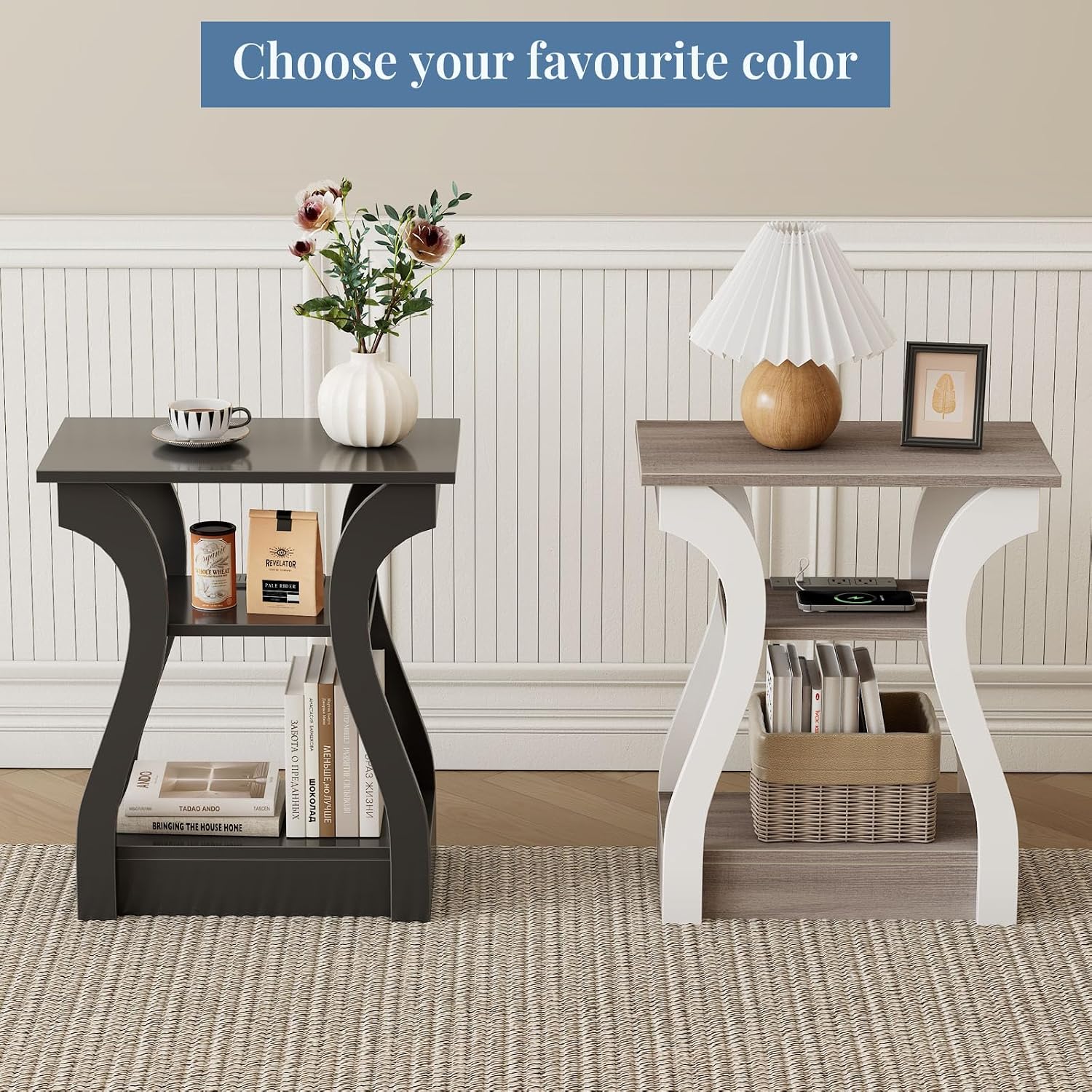 OLIXIS End Table with Charging Station, Modern Curved Nightstand Set of 2