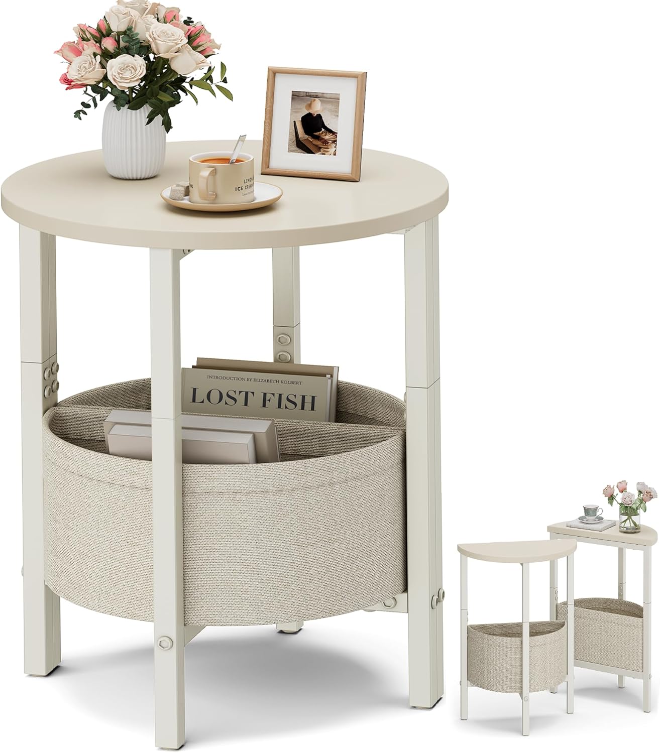 Vagusicc Small Round Side Table End Table, Tall Accent Table with Storage Basket, Set of 2 Half Round Tables Half Moon Tables, Coffee Bedside Tables, Modern Nightstand for Living Room Bedroom, Cream