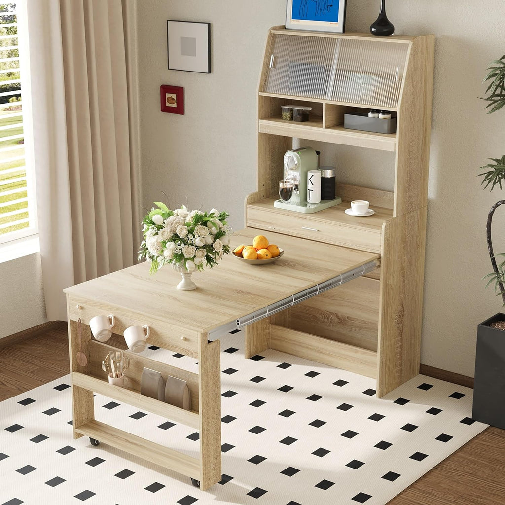 JIJIWANG Compact 33.5x15.7x69inch Buffet with Hutch and Foldable Dining Table, Multifunctional Cupboard with Storage Shelf and Side Hooks for Small Places (Natural Oak, 66.1" L x 31.5" W x 69" H)