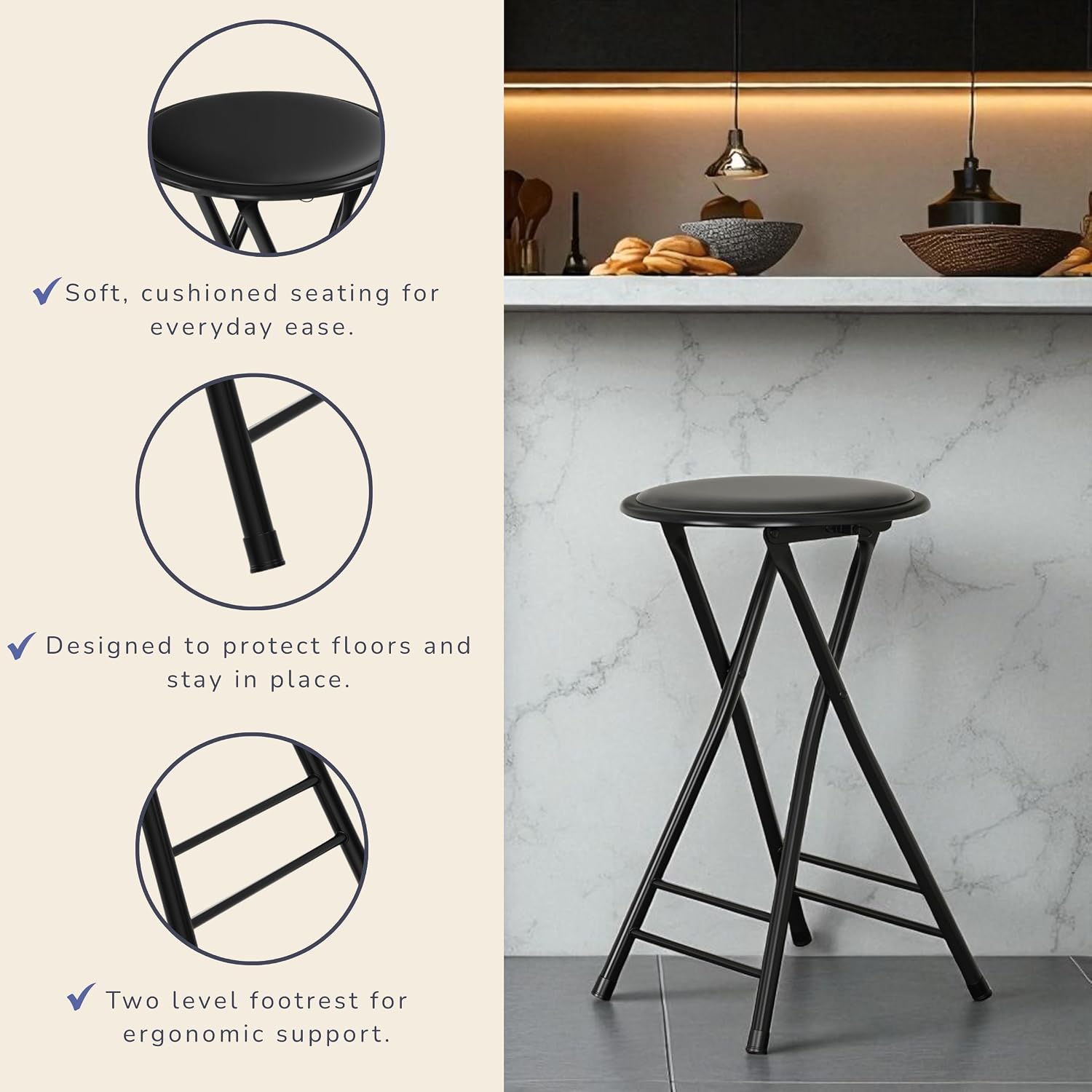 Folding Stool - Portable Backless 24-Inch Stool with 225lb Capacity, Single | Collapsible Counter Bar Stools, Compact Folding Chair, for Kitchen or Rec Room, Camping, Indoor and Outdoor by Lavish Home