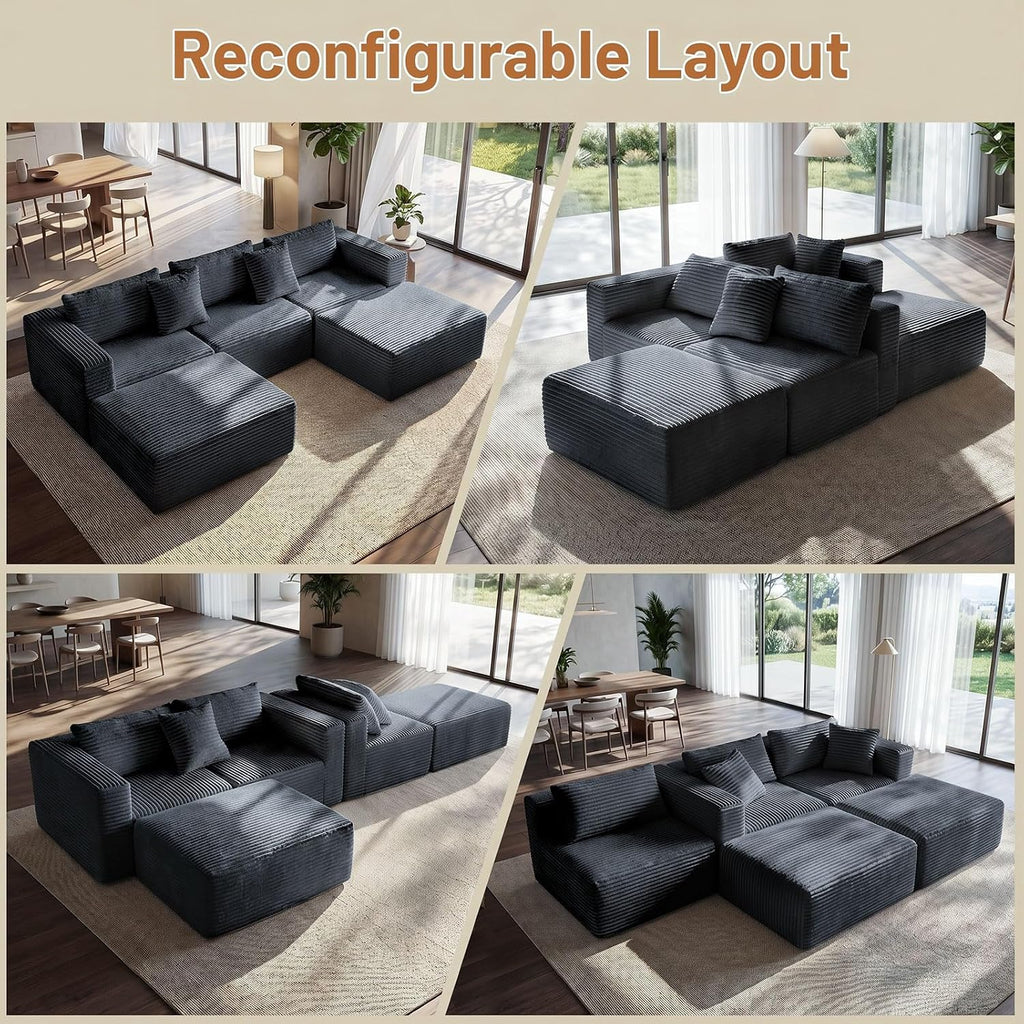 110" Modular Sectional Sofa with 2 Ottomans, U Shaped Cloud Couch for Living Room, Deep Seat Corduroy Floor Sofa, No Assembly Required, Compressed Couch, 5 Seat, Grey
