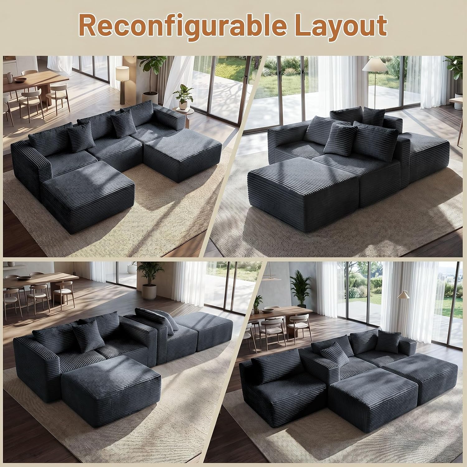 110" Modular Sectional Sofa with 2 Ottomans, U Shaped Cloud Couch for Living Room, Deep Seat Corduroy Floor Sofa, No Assembly Required, Compressed Couch, 5 Seat, Grey