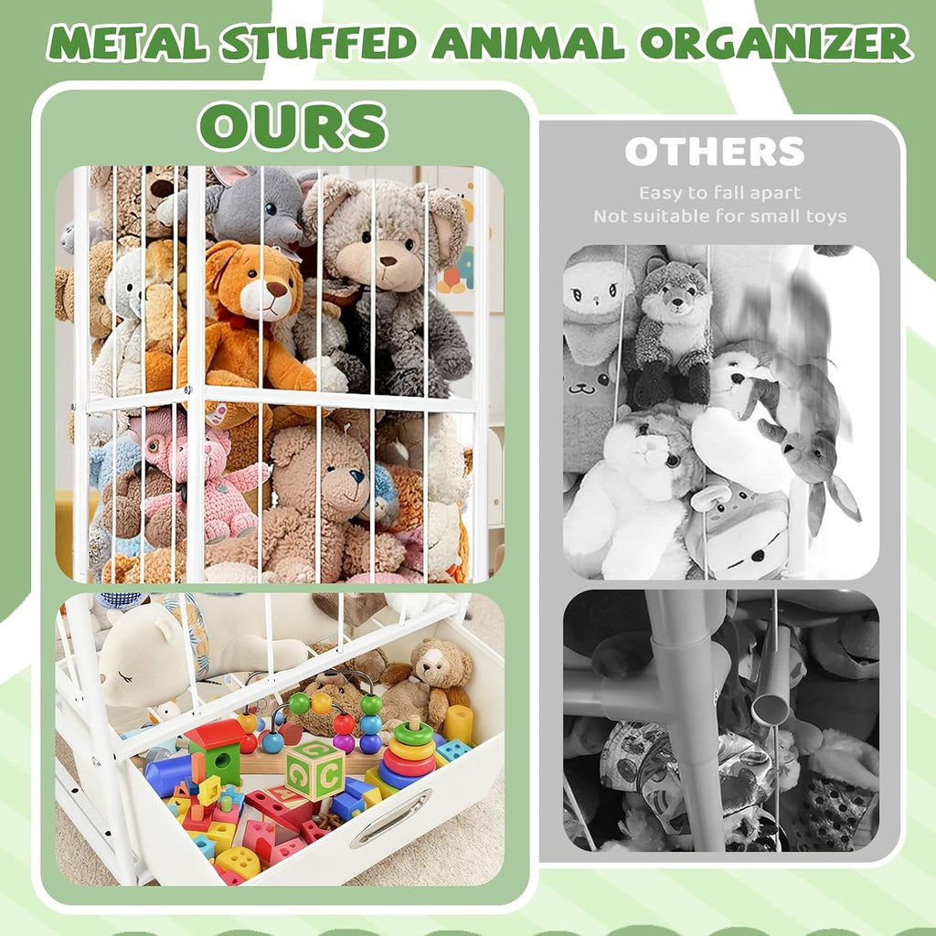 Stuffed Animal Storage, Metal Stuff Animals Zoo Holder with Fabric Drawer and Wheels Tall Vertical Plushies Toy Organizer Plush Storage Cage with Elastic Band for Nursery Playroom Corner
