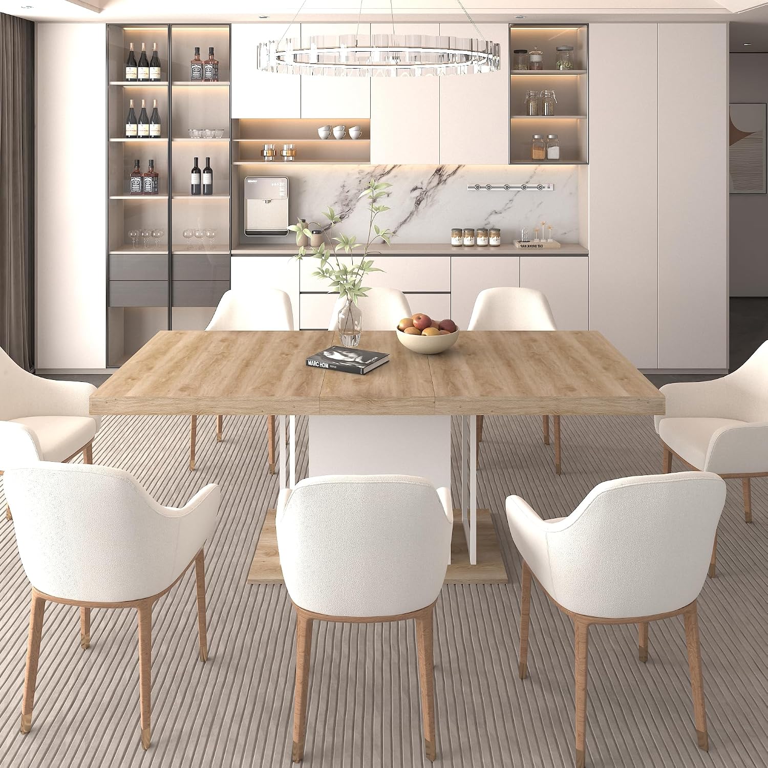 78.74"-62.99" Extendable Rectangle Dining Table for 6-10 Person,White Pedestal Base for Kitchen Meeting Room Small Space,Easy Assembly,Oak