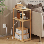 LUCKNOCK Solid Wood Side Table with Charging Station, 3-Tier Small End Table with USB Ports and Outlets, Narrow Couch Side Table, Skinny Nightstand Bedside Table for Small Spaces, Bedroom, Living Room