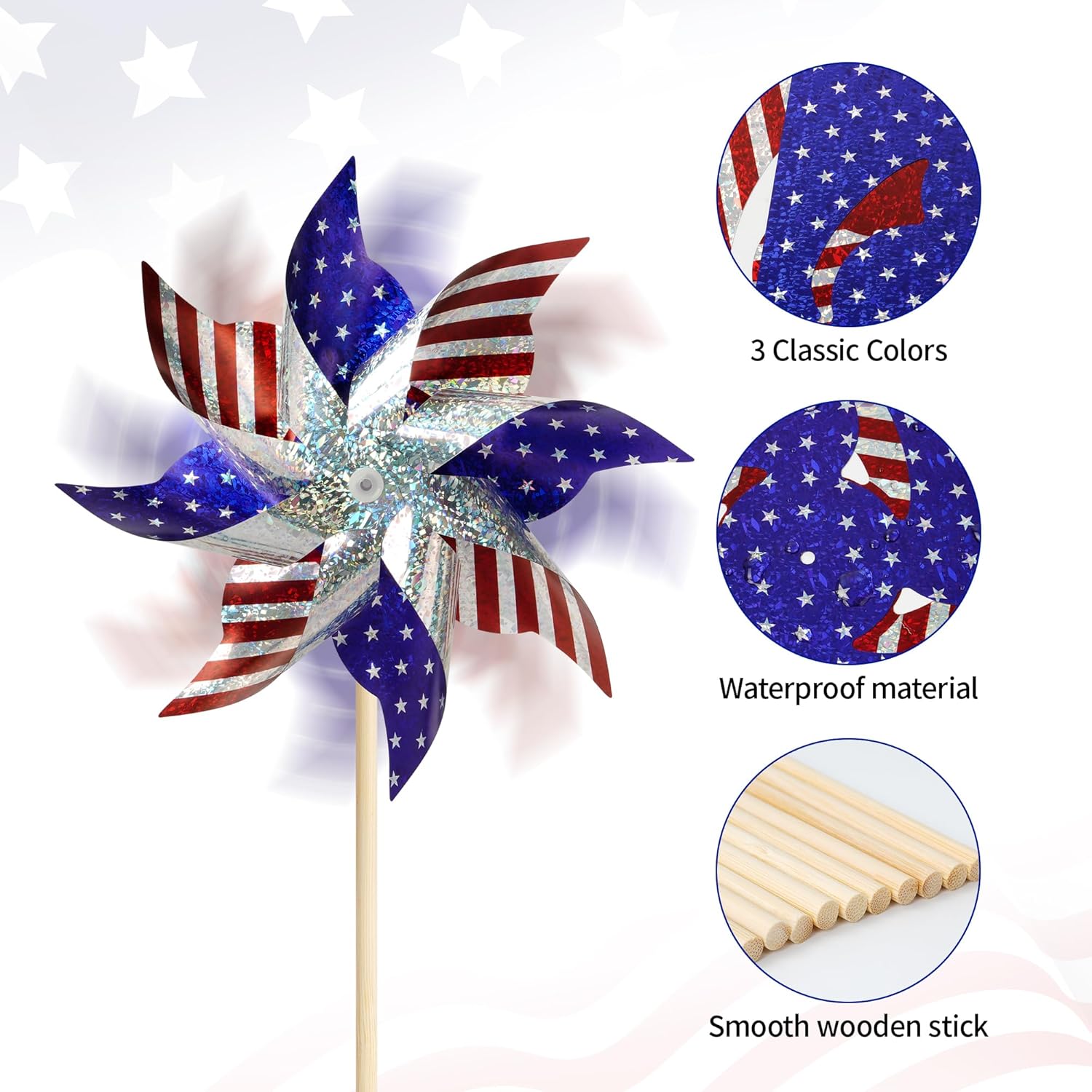 HOOSUN 10 Pcs Patriotic Pinwheels for Yard and Garden,Patriotic Decorations American Flag Pinwheels to Scare Birds Away,Red White and Blue Decorations Reflective Wind Spinners,Veterans Day Decorations