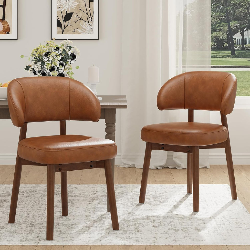 MALOL Wooden Dining Chairs Set of 2, Modern Upholstered Dining Room Chair, PU Leather Kitchen Side Chairs with Curved Open Back for Living Room/Restaurant/Cafe, Brown