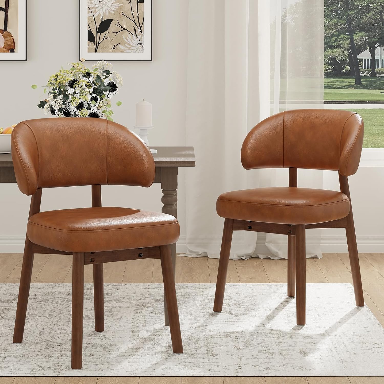 MALOL Wooden Dining Chairs Set of 2, Modern Upholstered Dining Room Chair, PU Leather Kitchen Side Chairs with Curved Open Back for Living Room/Restaurant/Cafe, Brown