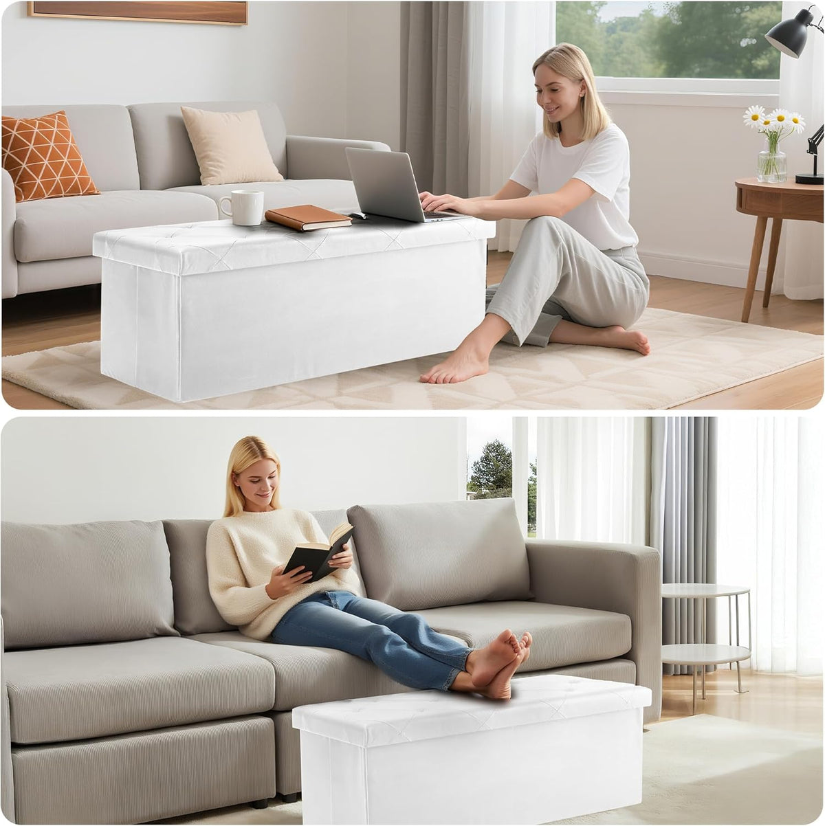 DUMOS 43 Inch Folding Ottoman with Storage Bench, Foot Rest Stool Ottoman | Upholstered End of Bed Storage Bench, Storage Ottoman Loads 660 Lbs for Bedroom, Living Room, Synthetic Leather, Beige