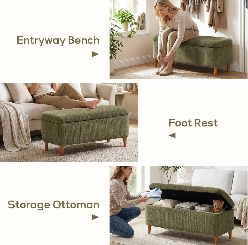 39.4”Ottoman with Storage,Upholstered Comfy Storage Bench Ottoman with Wooden Legs,End of Bed Bench Footstool for Hallway Entryway Bedroom Living Room Green